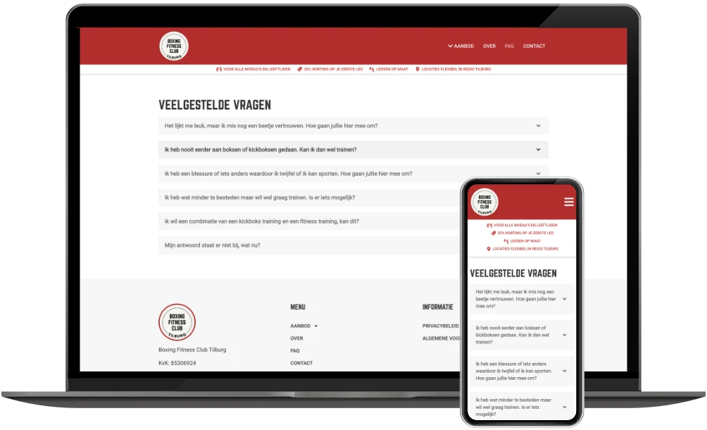Boxing Fitness Club Tilburg faq op desktop en mobiel