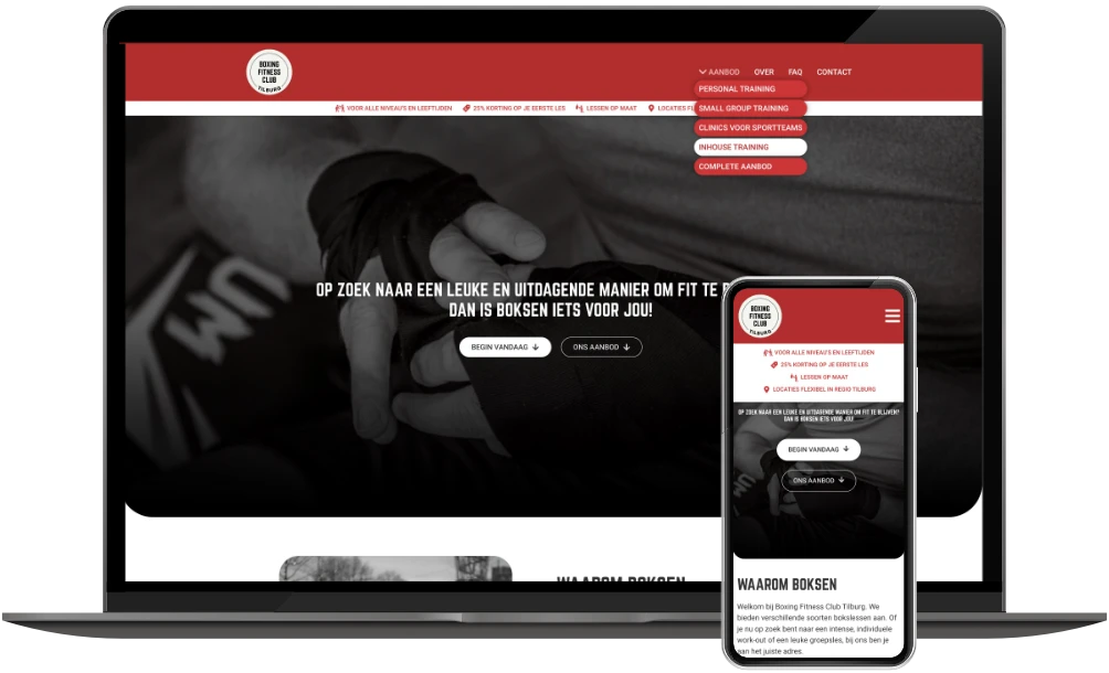 Boxing Fitness Club Tilburg homepage op desktop en mobiel