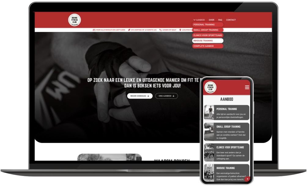 Boxing Fitness Club Tilburg homepage op desktop en mobiel