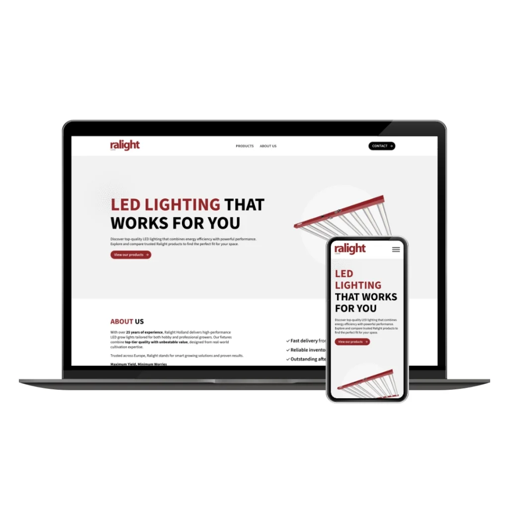 Ralight LEDS homepage op desktop en mobiel