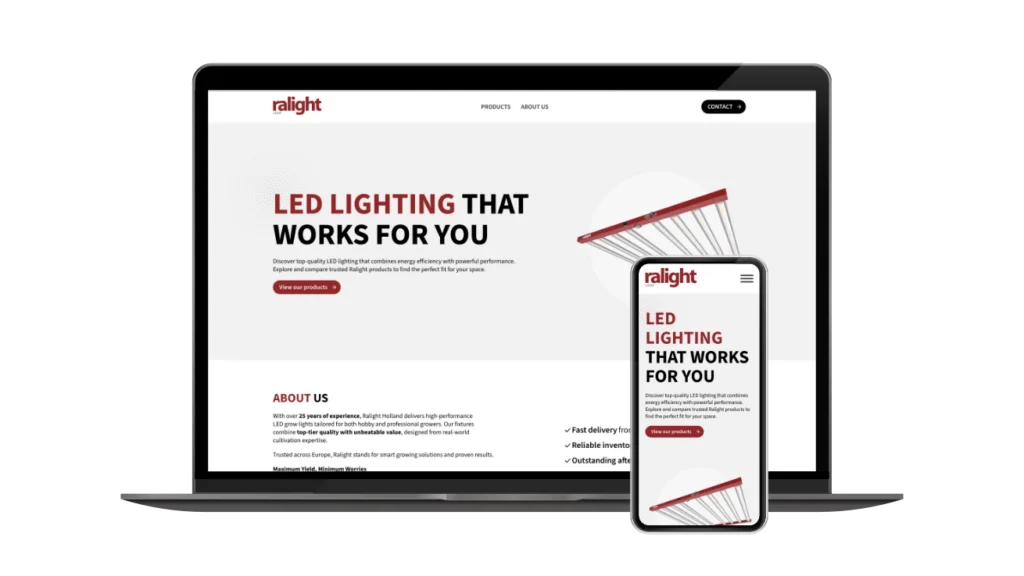 Ralight LEDS homepage op desktop en mobiel