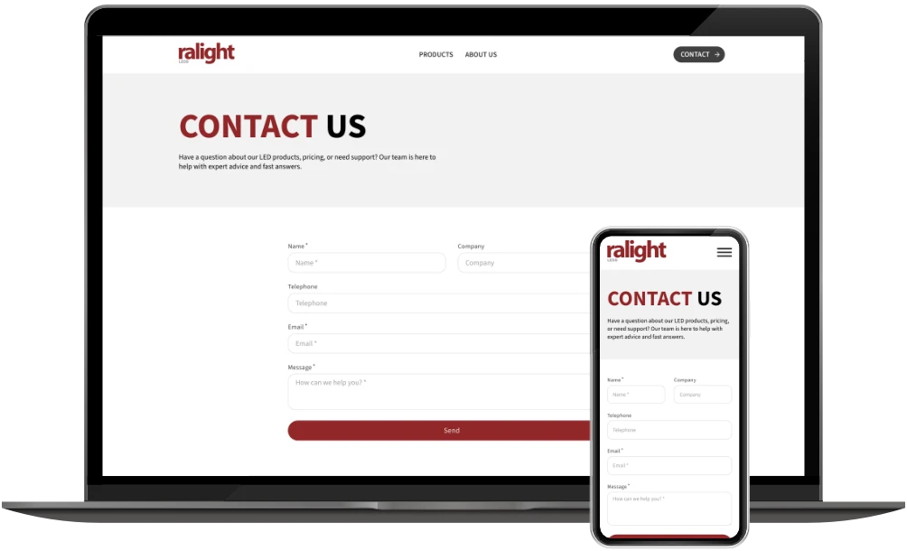 Ralight Leds contactpagina op desktop en mobiel