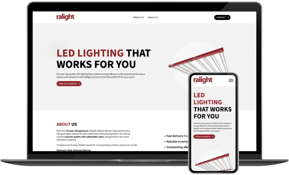 Ralight Leds homepage op desktop en mobiel