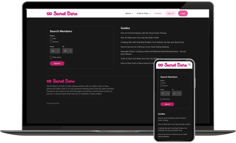 Secret Dare paginavoet op desktop en mobiel