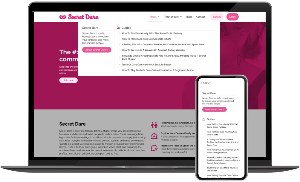 Secret Dare menu op desktop en mobiel