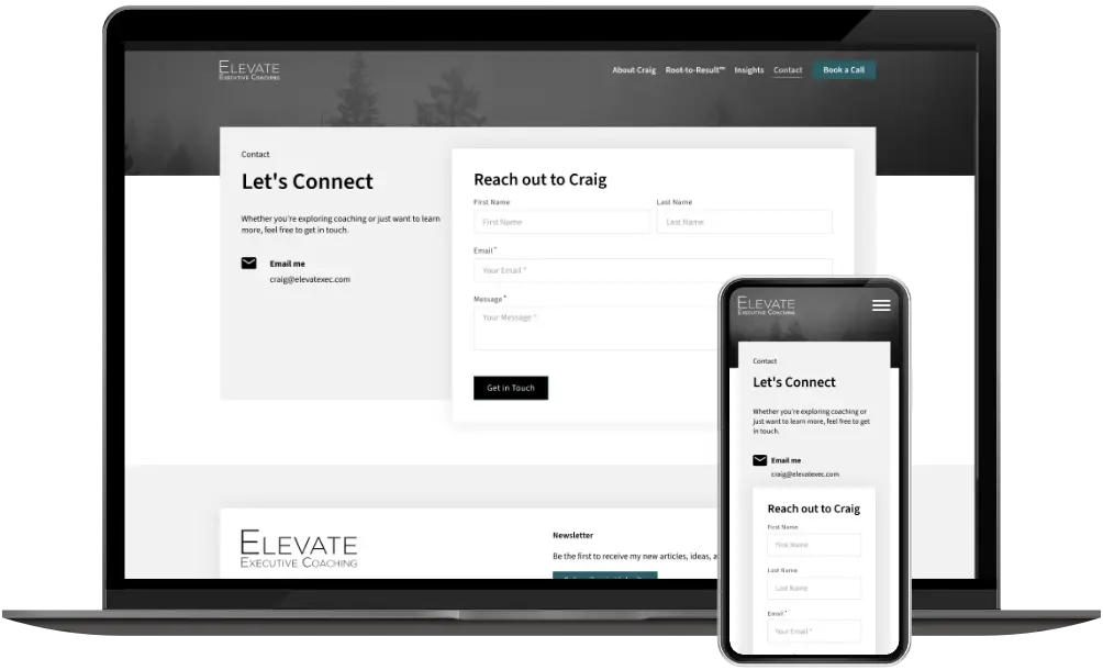Elevate Executive Coaching contactpagina op desktop en mobiel