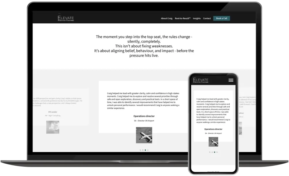 Elevate Executive Coaching homepage Testimonials sectie op desktop en mobiel
