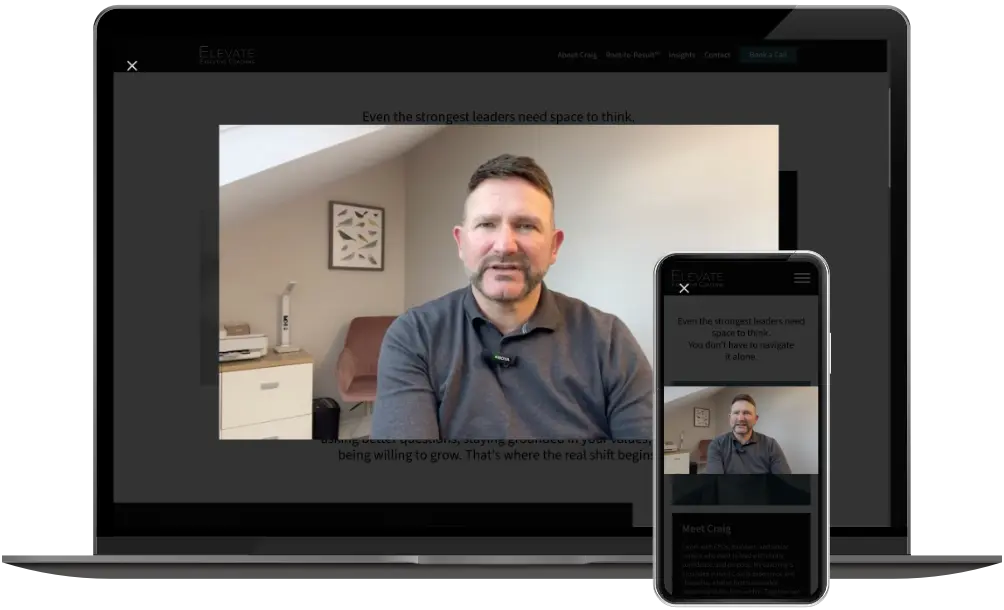 Elevate Executive Coaching homepage lightbox video op desktop en mobiel