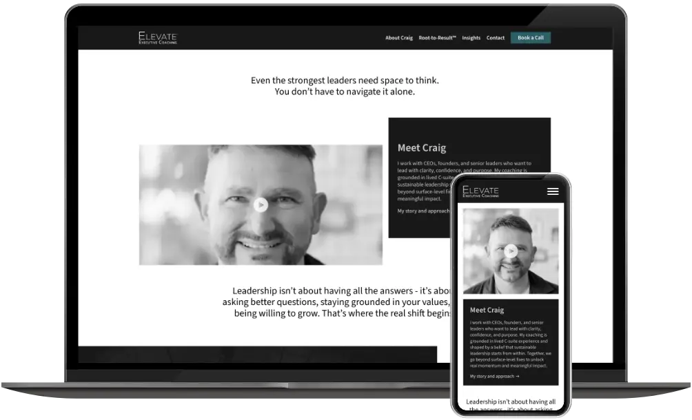 Elevate Executive Coaching homepage Over Craig sectie op desktop en mobiel