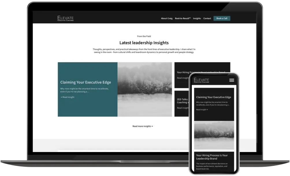 Elevate Executive Coaching homepage Blog sectie op desktop en mobiel