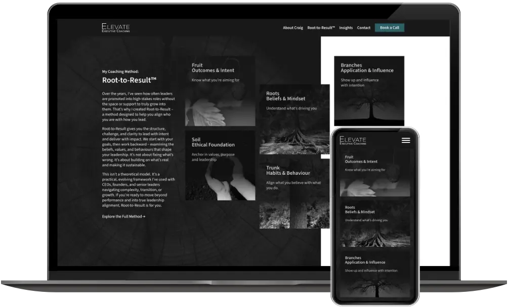 Elevate Executive Coaching homepage Root-to-Result sectie op desktop en mobiel