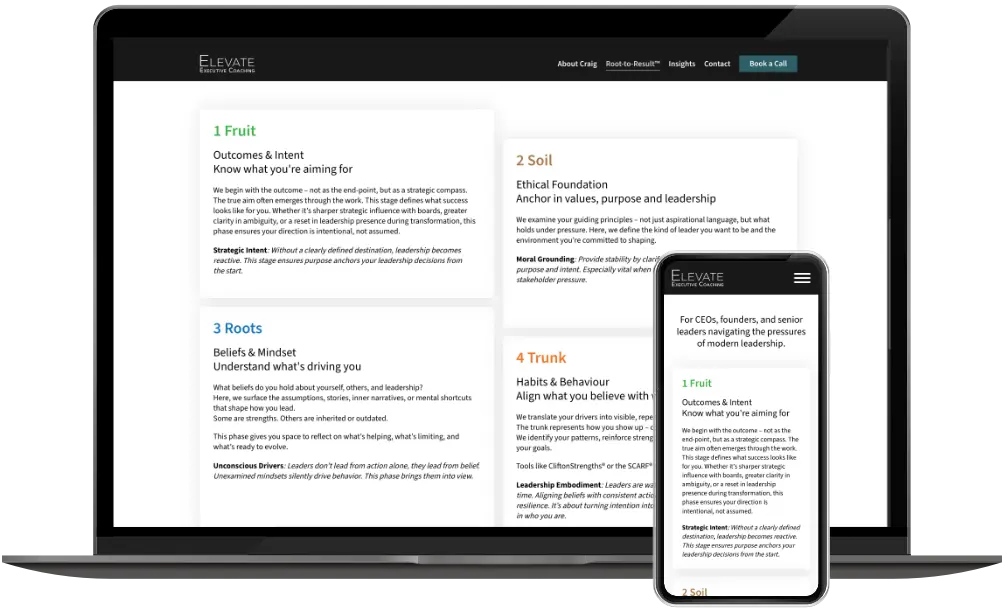 Elevate Executive Coaching Root-to-Result pagina op desktop en mobiel