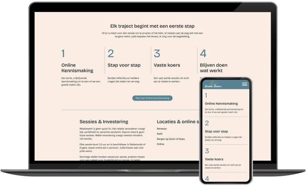 Varinka Bouma homepage stappen op desktop en mobiel