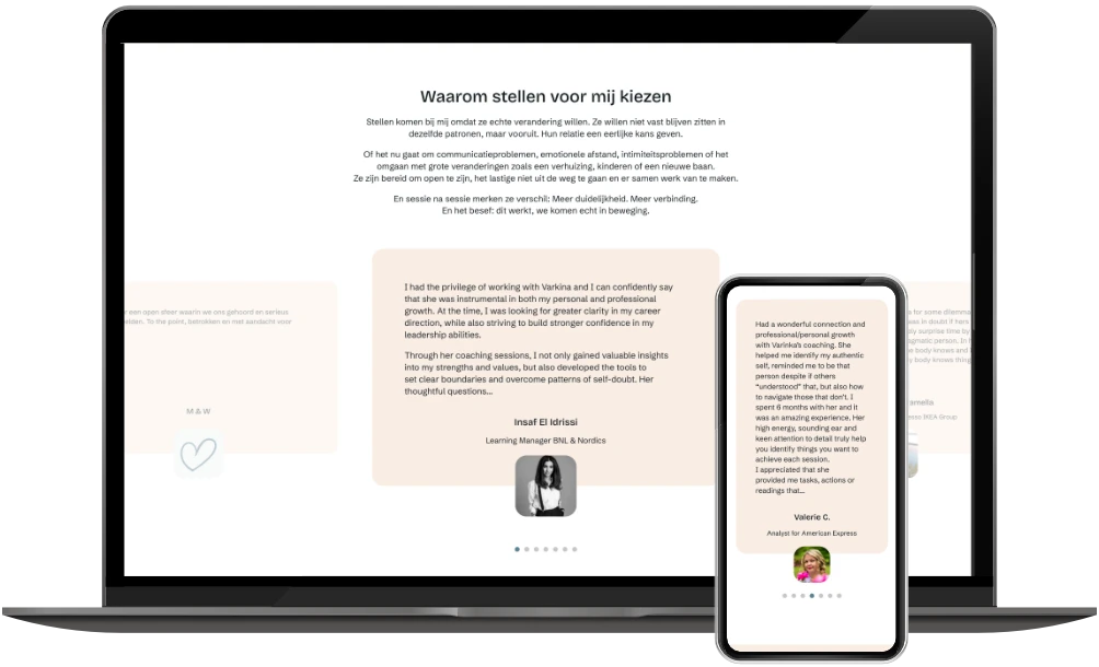 Varinka Bouma homepage testimonials op desktop en mobiel